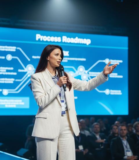 Silvija Gelevski presenting process roadmap at conference.